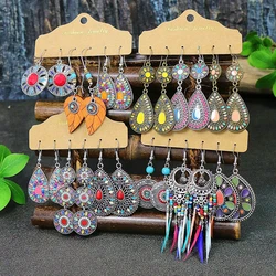 Vintage Bohemian Enamle Water Drop Earrings Set for Women Fashion Ethnic Rice Bead Feather Earring Female Party Wedding Jewelry