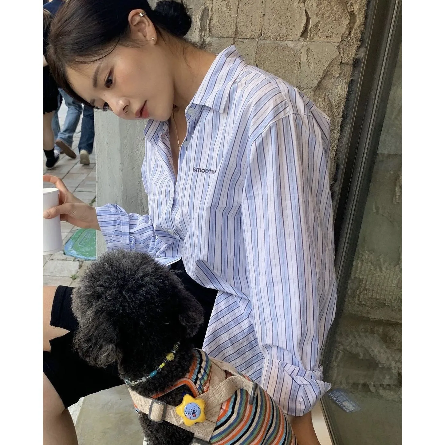 

Smoothood Baby Sauce Commute Letter Embroidery irt Spring 2026 Loose Fit Cotton Long Sve ex Korean Sle