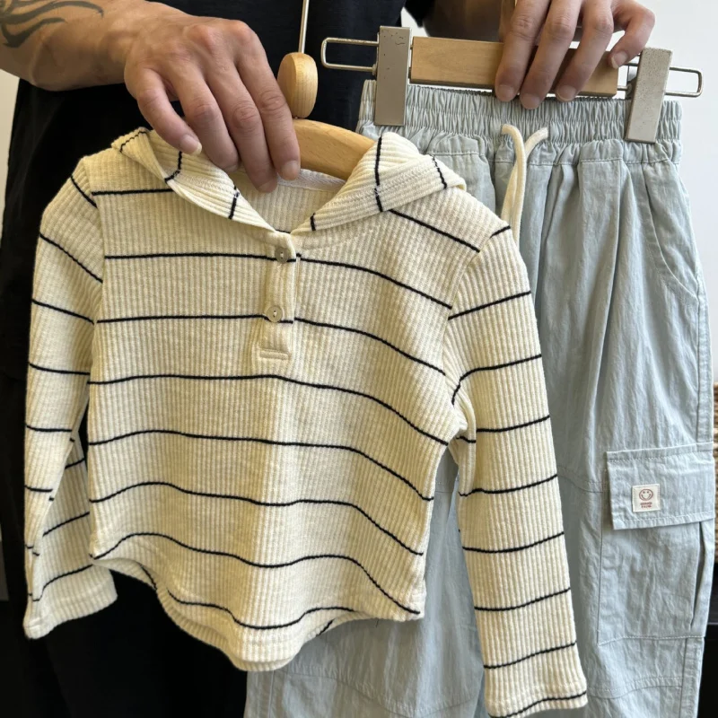 

（Spot Goods）Girls' Long Sleeve StripedTShirt2025Spring Children's Clothing Top Base Shirt Children's Hooded Jacket Set