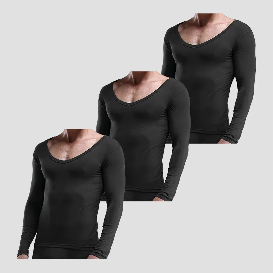 3PCS Men's low-neck thermal long-sleeved pullover base layer sweater cotton jersey thin top underwear