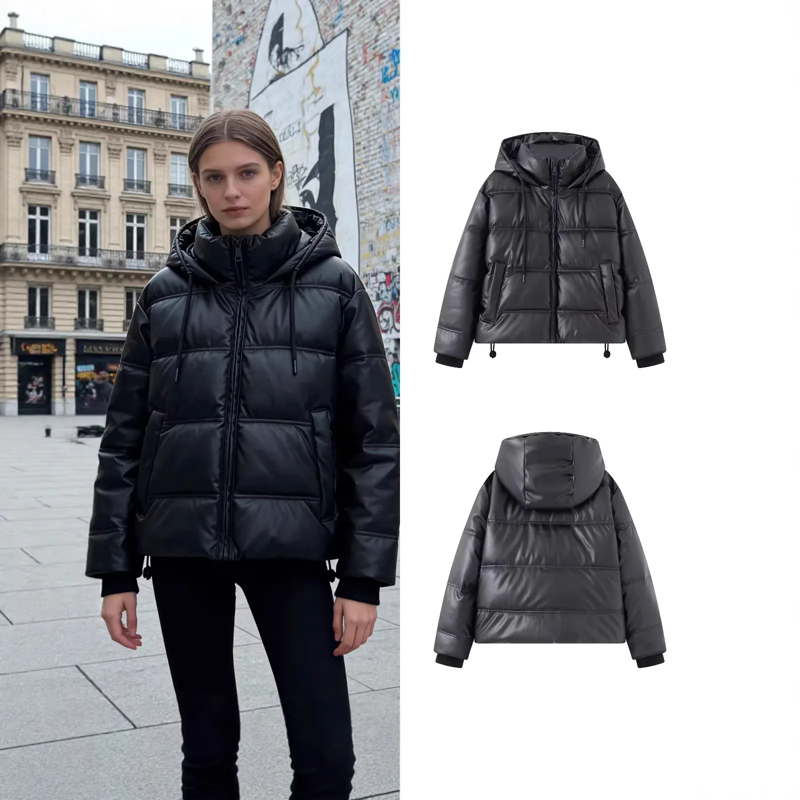 

Women's Warm Solid Color Coat Fashionable Loose Hooded Faux Leather Down Cotton Jacket Zippered Long Sleeve Drawstring Outwear