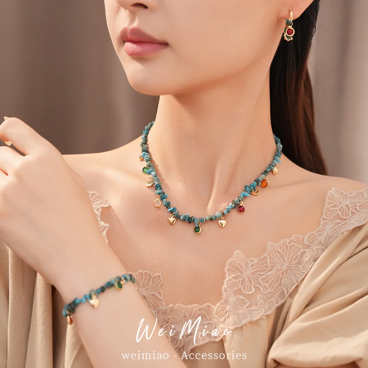 Raw Unpolished Stone Chips Choker Set Heart Pendant Necklace Bracelet Earrings Boho Layering Summer Jewelry