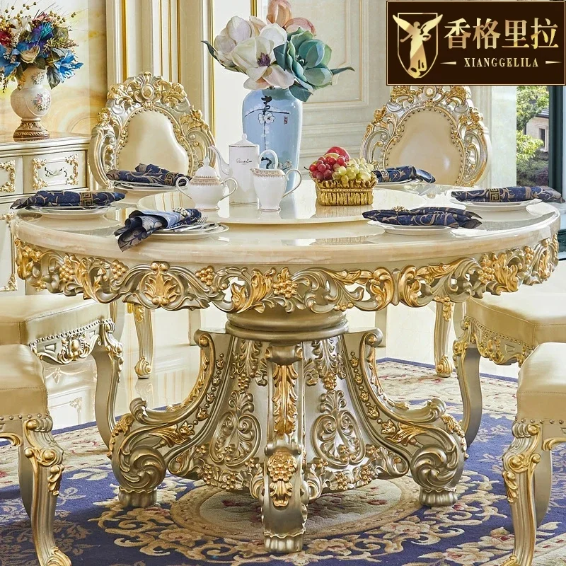 

Cy56 European solid wood carving flower round table American style marble round table with turntable, atmospheric luxury dining