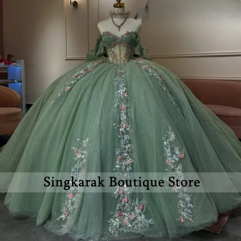 Shiny green Quinceanera Dress Lace off-shoulder Tull crystal 3D flower decal Bow vestidos de 15 Quinceanera ﻿Customized