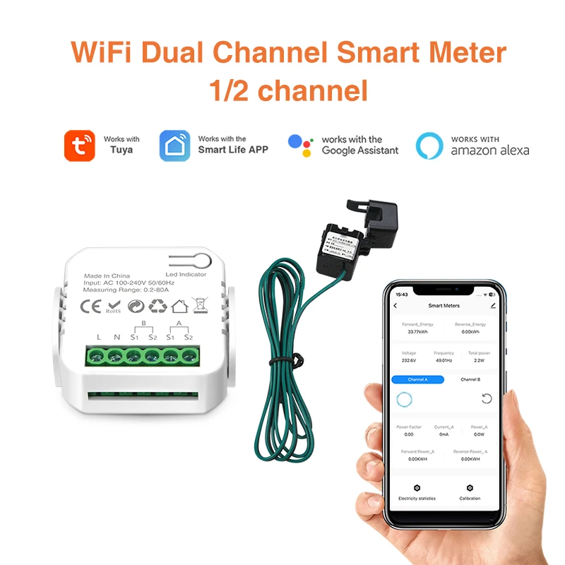 Tuya WIFI DIY digitální energie chytrý měřič solární PV systém energie výtvor opotřebení monitor s 80A proud transformátor