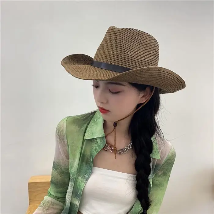 Designer Brand Cowboy Hat Female Straw Hat Large Brim Outdoor Mountaineering Sun Visor Sunscreen Knight Cap Gorras Para Hombres