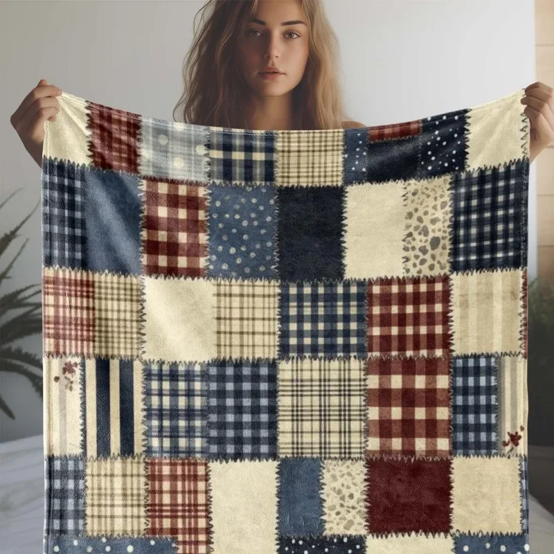 Soft Warm Cozy Patchwork Flannel Throw Blanket Polka Dot Plaid All Season Travel Friendly for Sofa Bed Office Camping Gift
