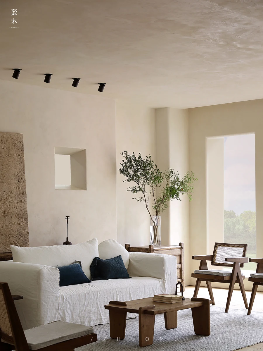 

Japanese-style wabi-sabi style linen three-person sofa removable and washable black Nordic homestay furniture