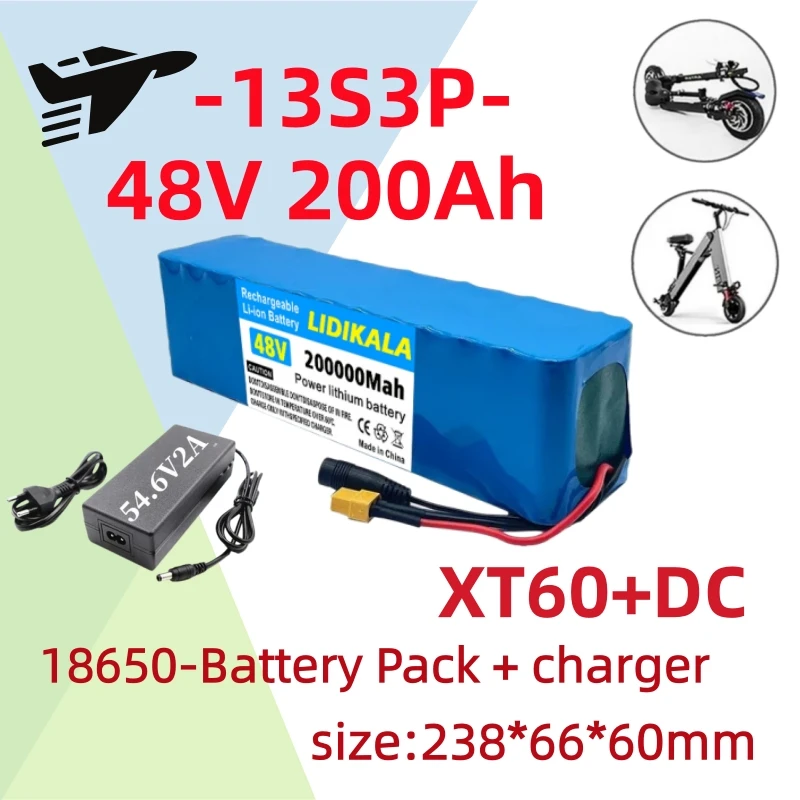 2026 Brandneuer 48V 200000mAh 2000W 13S3P geeignet für 18650 Lithium-Ionen-Akkupack mit BMS 54,6V Ladegerät Elektroroller