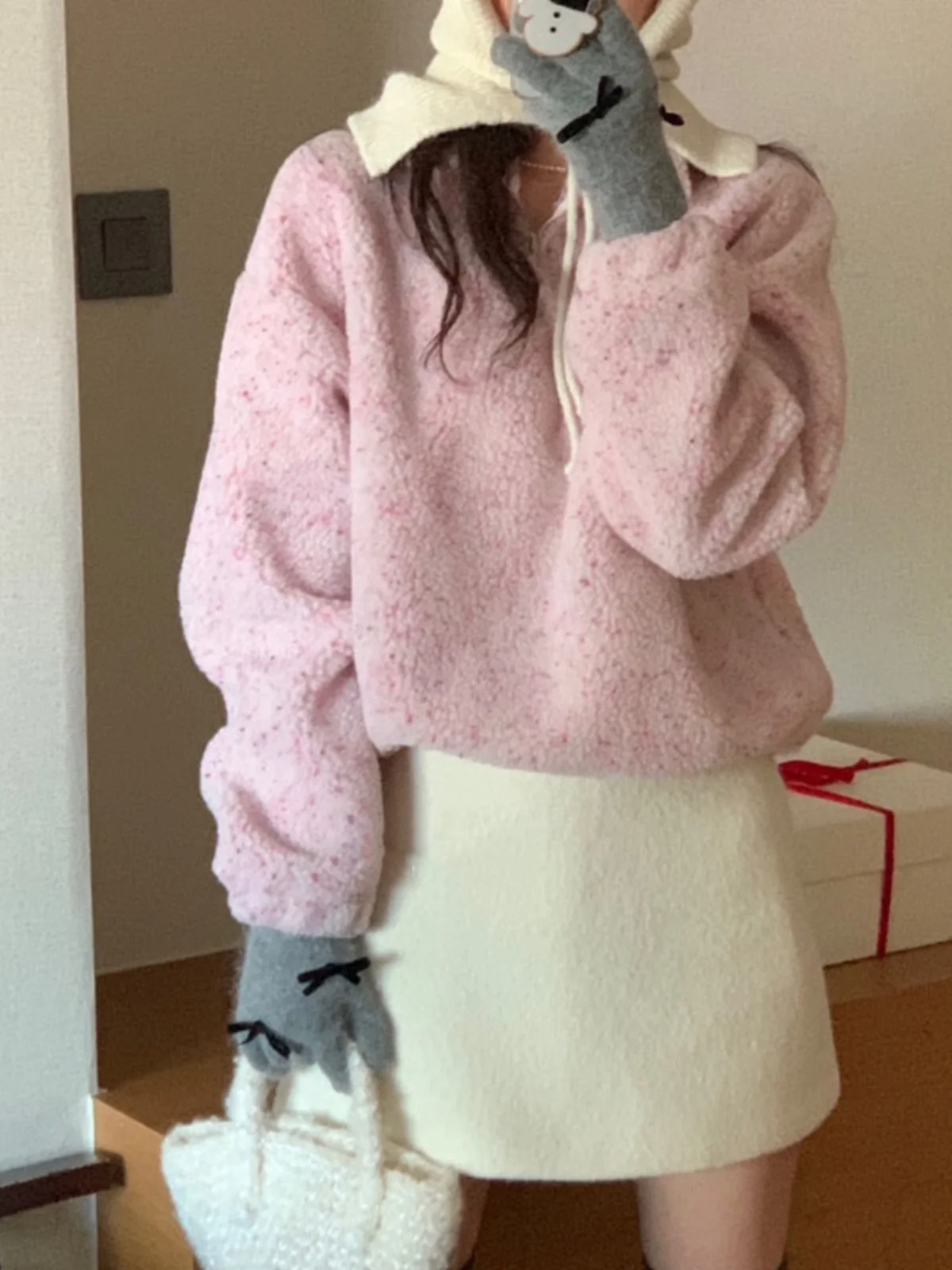 

Korean Chic Pink Fleece Sweatshirt Women's Loose Lazy Style Soft Versatile Trendy Plush Top Long Sleeve Thickened Neck