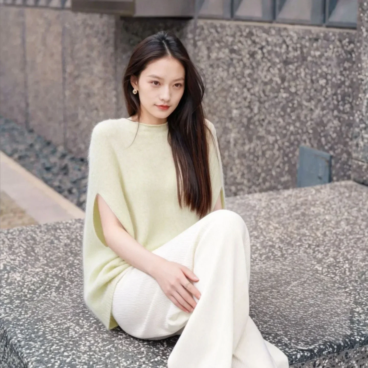 Women Mohair Blend Knit Vest Mock Neck Sleeveless Cape Sweater Loose Irregular Pullover Elegant Casual Knitwear Tops