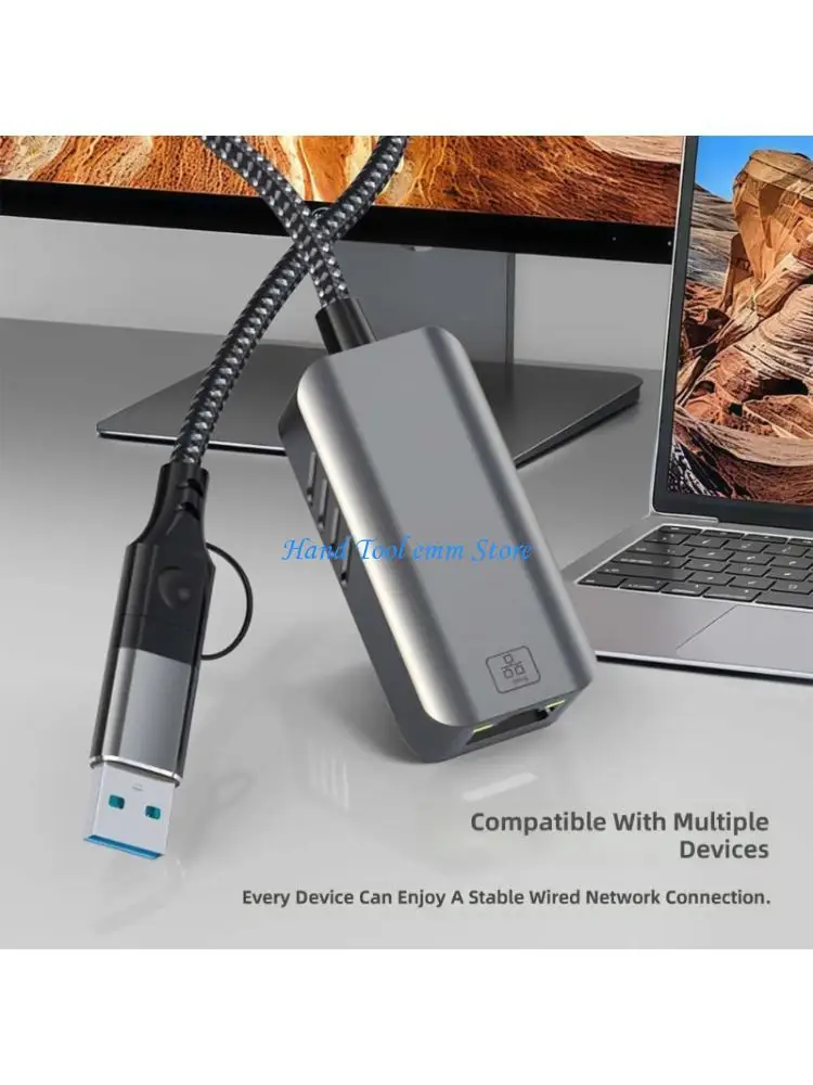 H37F Portable Type C to RJ45 Ethernet Access Unit with Cable Tail, Aluminum Shell and Lights for Desk and Trip Internet