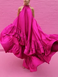 Freeacy-Vestido largo plisado sin mangas para mujer, traje holgado con cuello redondo y corte en A, color rosa y rojo, para fiesta y vacaciones