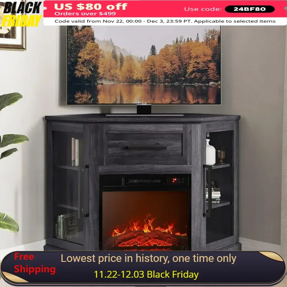 

TV Stand with Lass Door Storage Cabinets for TVs Up To 43" Modern Corner 43" Electric Fireplace Heater TV Console