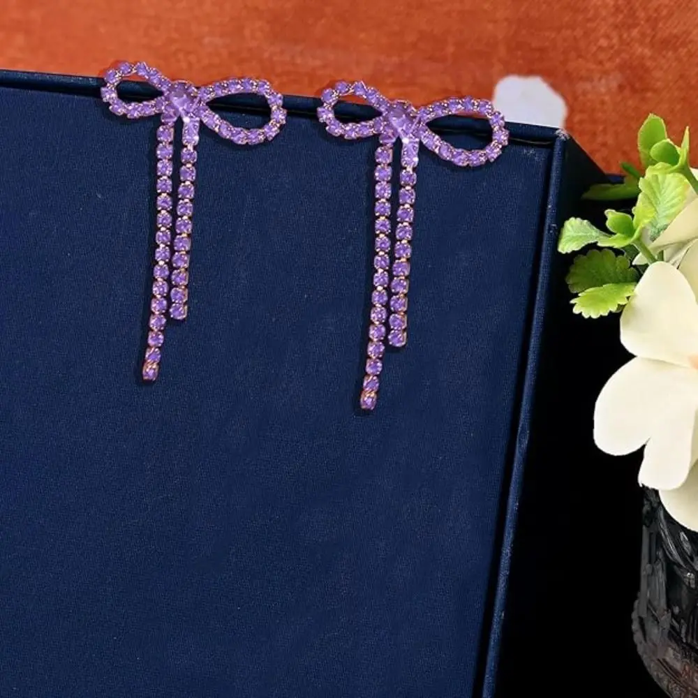 Personalized Bow Earrings Sparkly Rhinestone Purple Color Long Dangle Earrings Jewelry Accessories Silver Color Bowknot Ear Stud