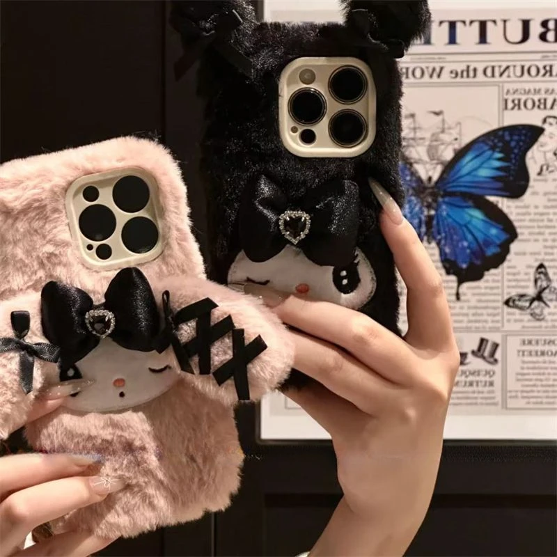 

Sanrio Anime IPhone16 Plush Phone Case Girl Autumn and Winter Kuromi My Melody Plush Kawaii IPhone15 Phone Case Cute Girly Heart