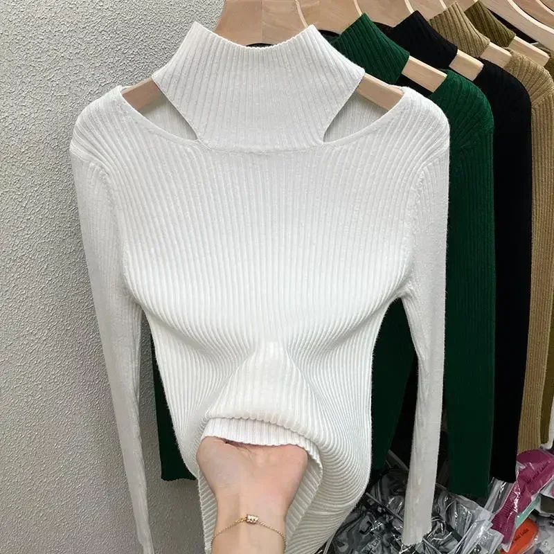 Blusa elegante de punto para mujer, jerséis ahuecados, Sexy, ropa coreana para mujer, camisa de fondo de manga completa sólida, Otoño e Invierno