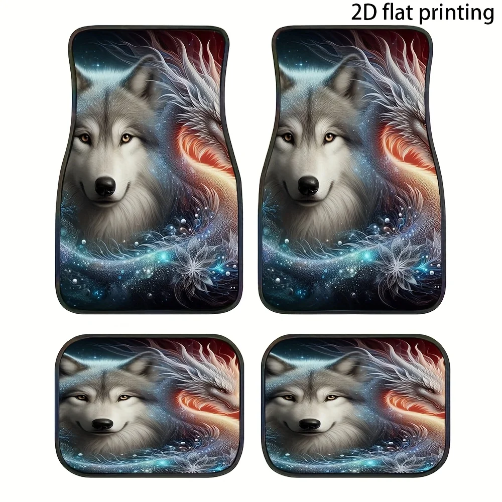 2D Flat Wolf Dragon Fantasy Car Floor Mats, Dreamy Starry Sky Beast Print, Gradient Light Effect, 4pcs Set, Full Of Mysterious F
