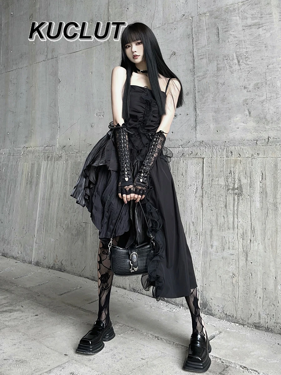 

Black Irregular Ladies Suspender Dress Niche Birthday Party Sweet and Cute Long Spaghetti Strap Dresses for Women Summer