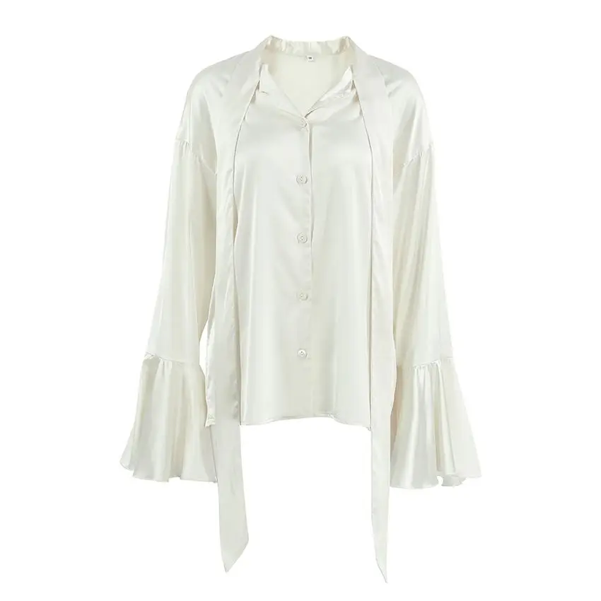 Lazy and High-end Satin Ribbon Collar Women's Shirt 2025 Summer New Solid Color Ruffled Top