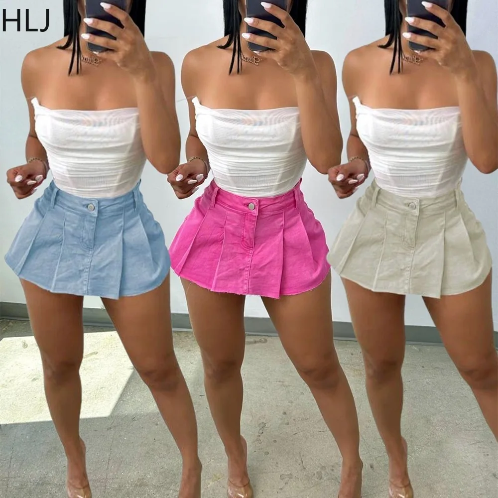 HLJ Y2k Denim Mini Skirts Women Summer Solid Color Pleated Skirts Shorts Ball Gown Skirts Jeans Female Casual A-line Mini Skirts