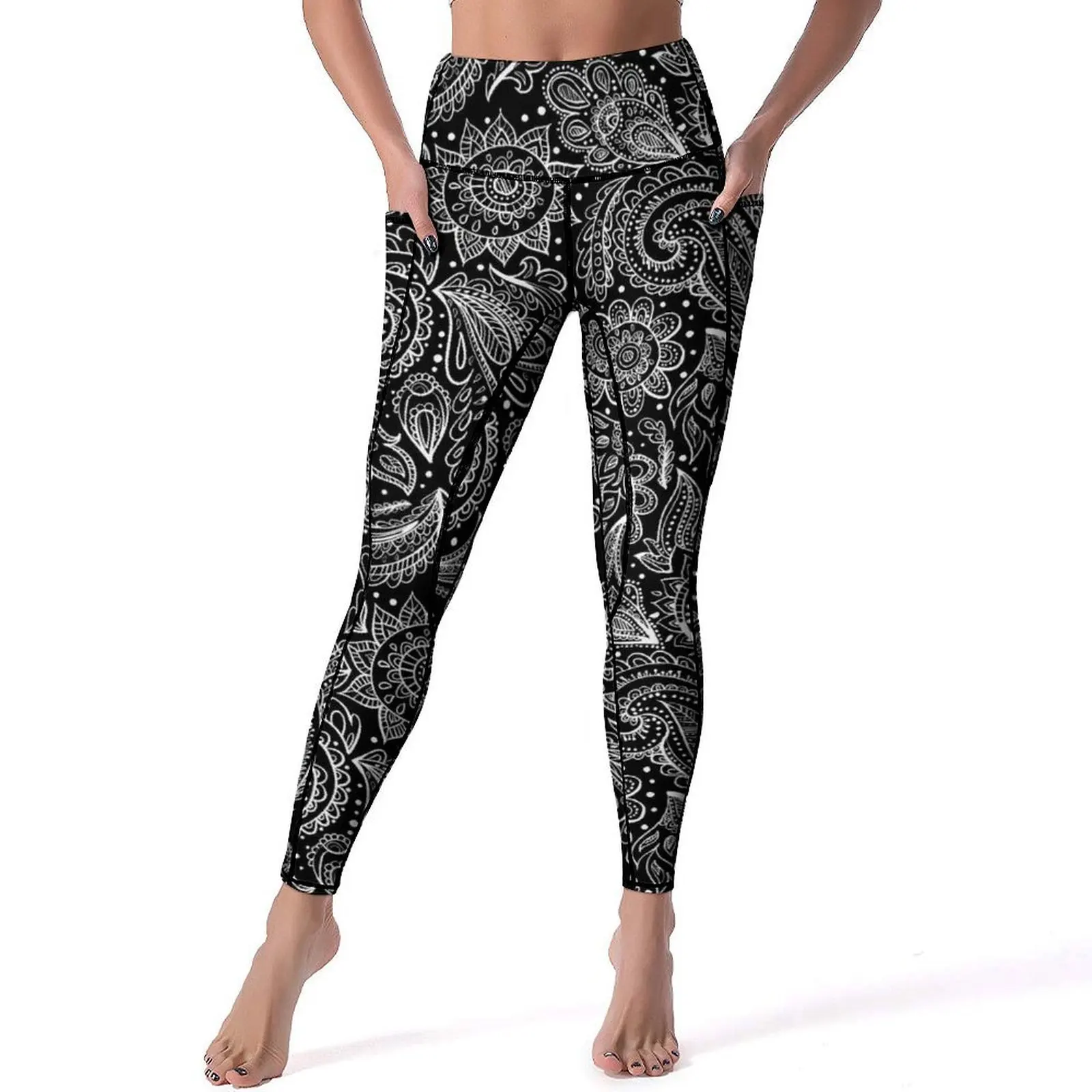 

Black White Paisley Yoga Pants Vintage Floral Leggings Sexy Push Up Retro Yoga Sports Tights Stretch Graphic Work Out Leggins