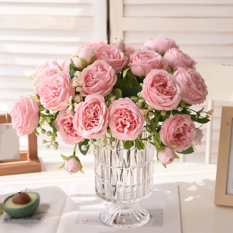 30cm Rose Pink Silk Bouquet Peony Artificial Flower 5 Big Head 4 Small Bud Bride Wedding Home Decoration Artificial Flower