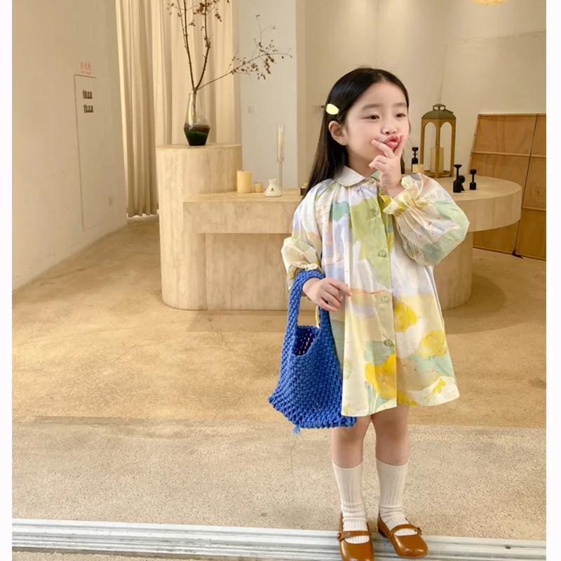 2024 Spring New in Kids Baby Girls Cute Clothes Children Full Sleeve Oil Painting Style Lapel Shirt Dress Toddler Outwear 2-7Y