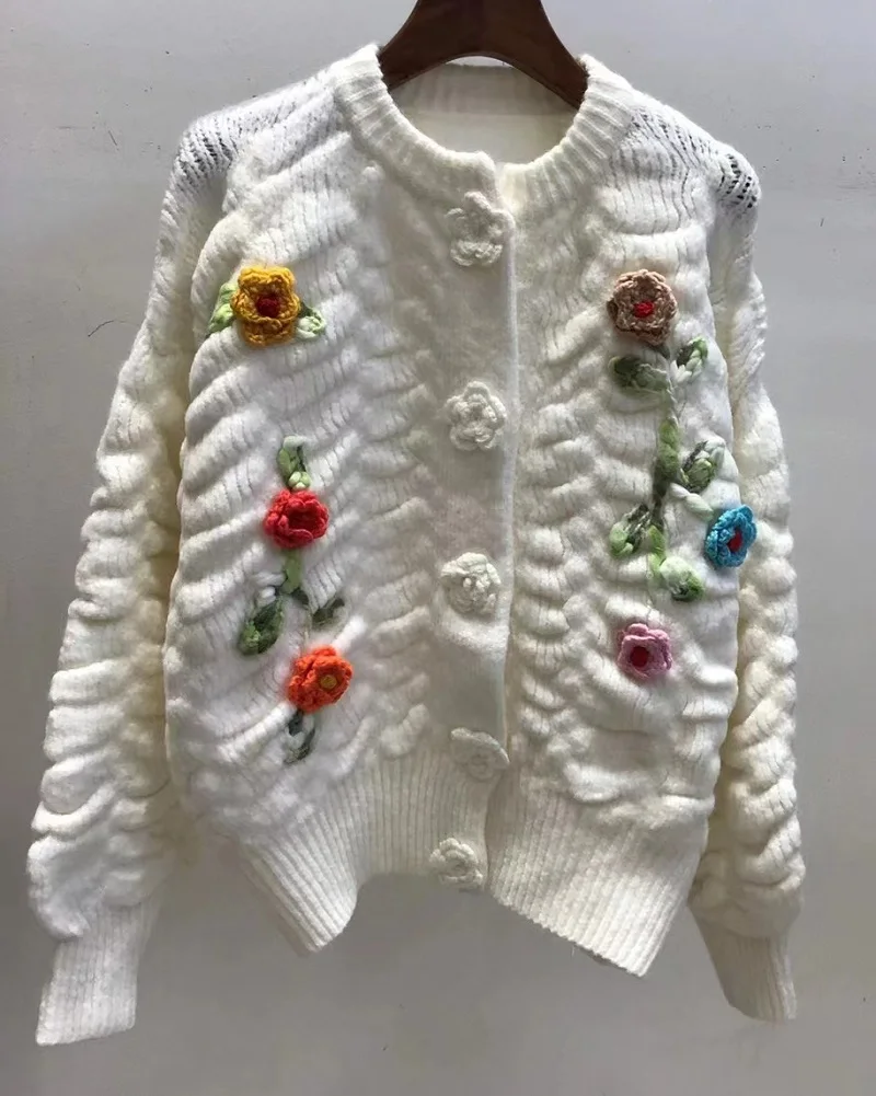 

High Quality Sweater Cardigans 2022 Autumn Winter Knitwear Women Appliques Flower Deco Long Sleeve Casual White Cardigan Tops