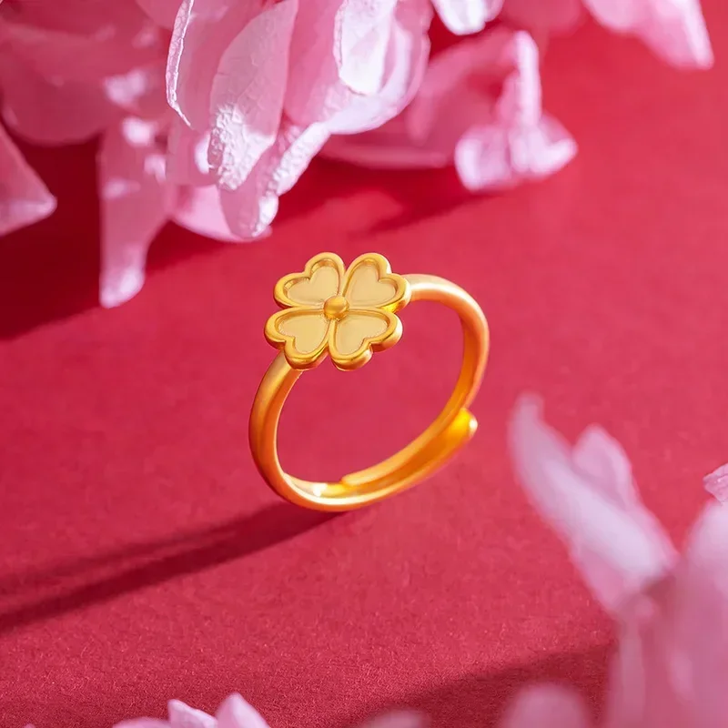 9999 Real Gold 24K Japanese and Korean Sweet Little Flower Girl Ring Vitality Sweet Student Lucky Grass Boutique Living Ring