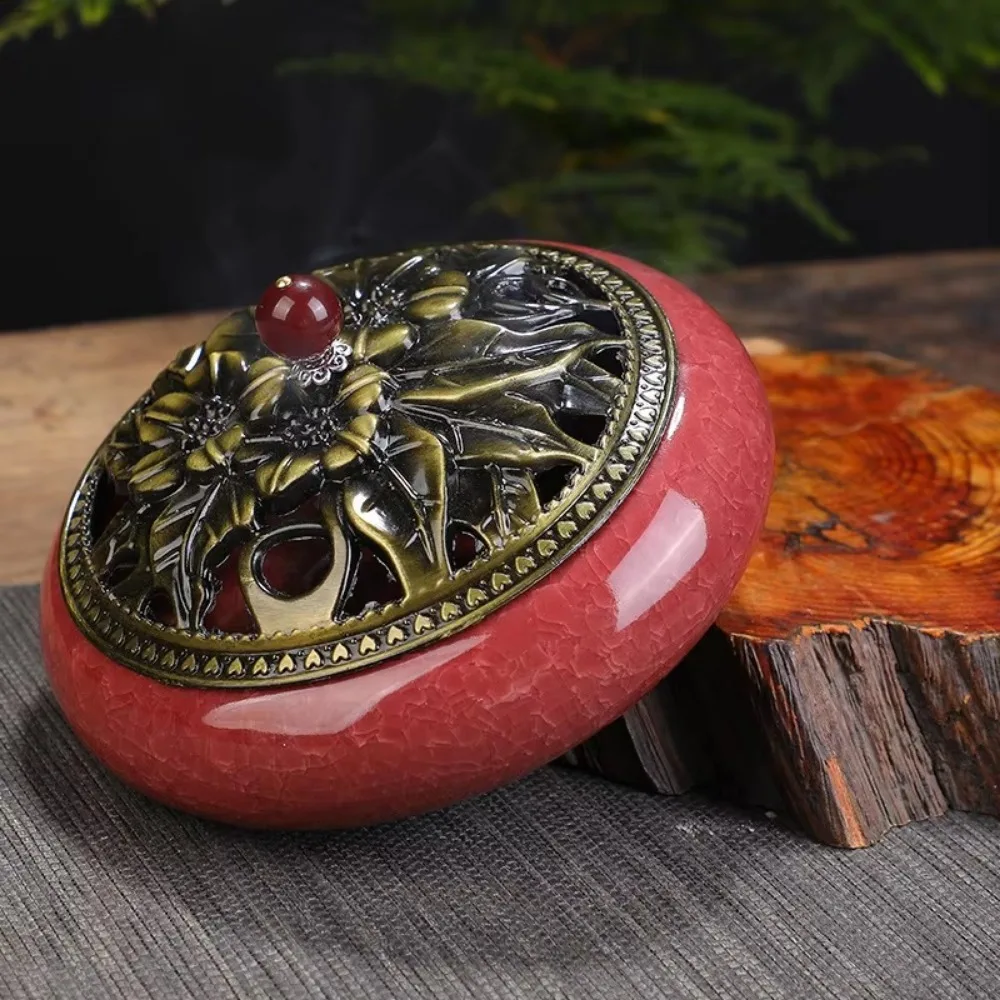

New Large Incense Burner Ceramic with Metal Lid Aroma Censer Ice Crack Antique Alloy Incense Plate Home Decoration