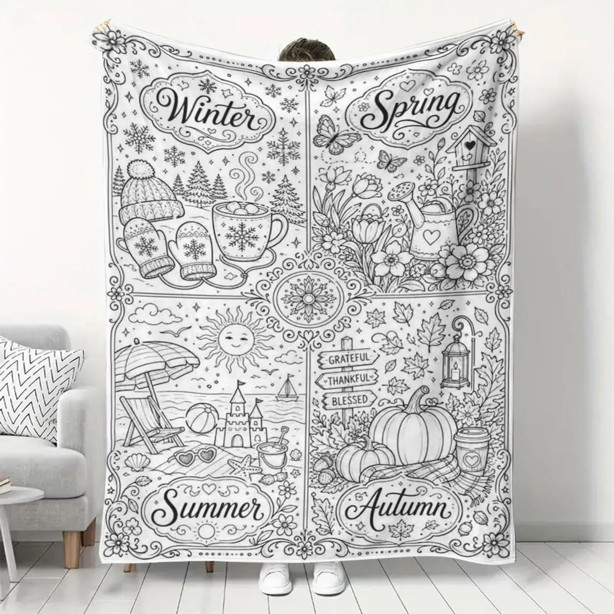1pc Hand‑Drawn Four‑Seasons‑Print Throw Blanket, Sofa Decor, Skin‑Friendly DIY Coloring Home Gift
