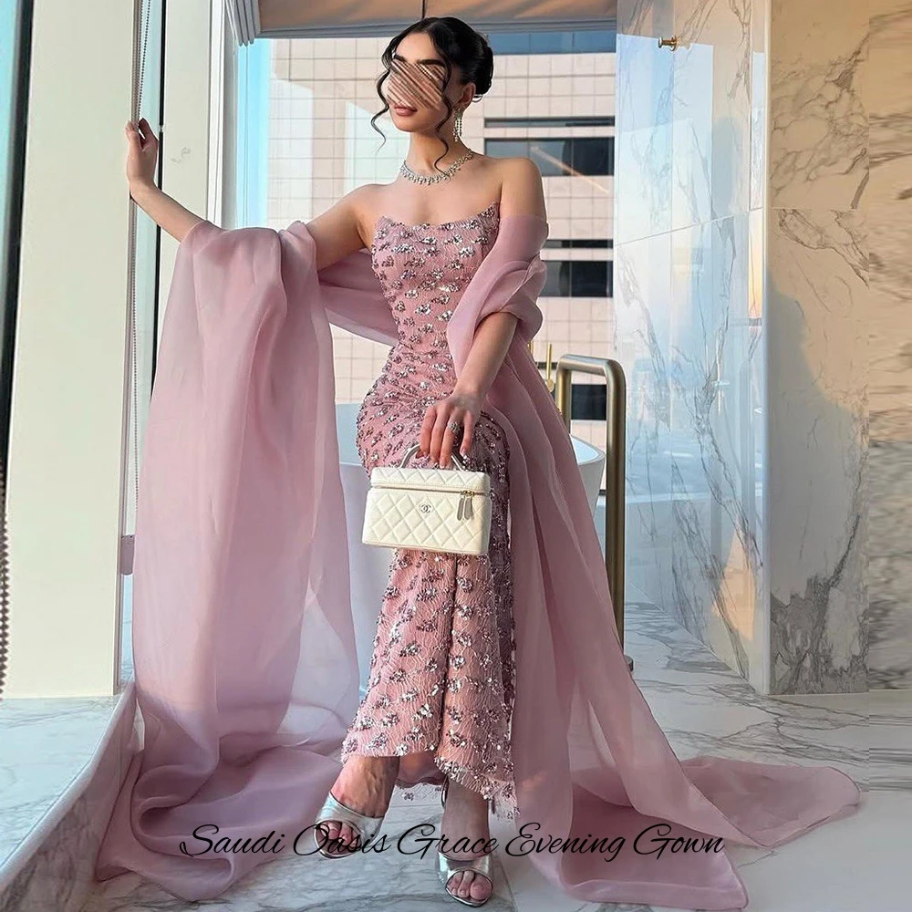 Elegante personalizado sem mangas sem alças com xale requintado lantejoulas sereia vestido de festa temperamento tule vestidos de celebridades