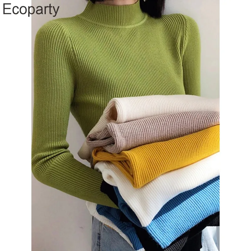 Autumn Winter Mock Neck Women Sweater Vintage Basic Solid Knitted Tops Casual Slim Pullover Korean Sweaters Simple Chic Jumpers