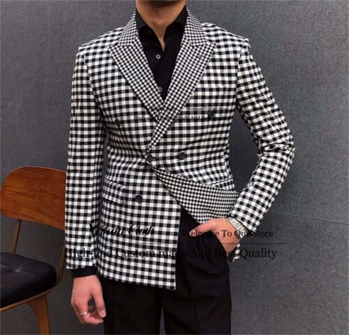 

Plaid Customized Male Prom Blazers Slim Fit 2 Pieces Sets Groom Wedding Tuxedos Peaked Lapel Double Breasted Terno Masculino