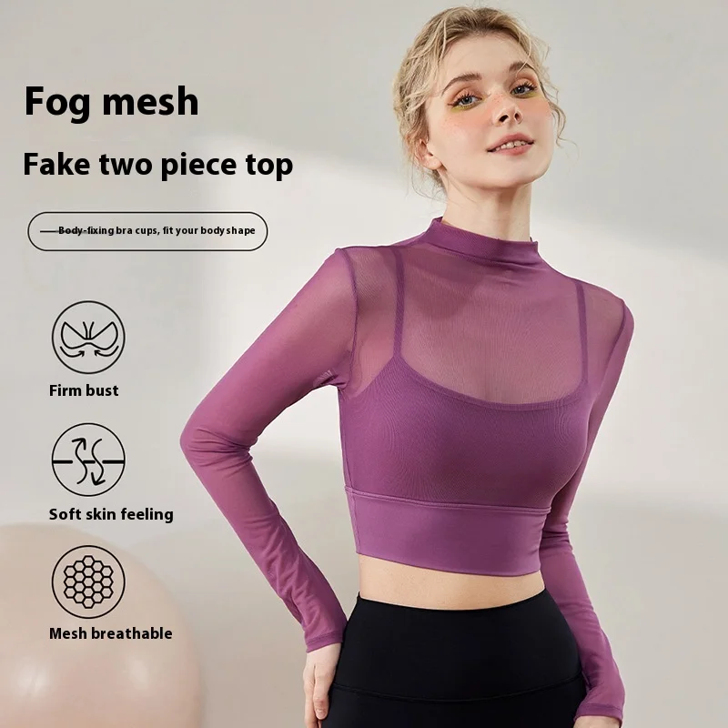 Fashion Sports Slim Mesh Fake Two Piece Tops Premium Sense Summer Fitness Long Sleeve Pullover Yoga Clothes Women