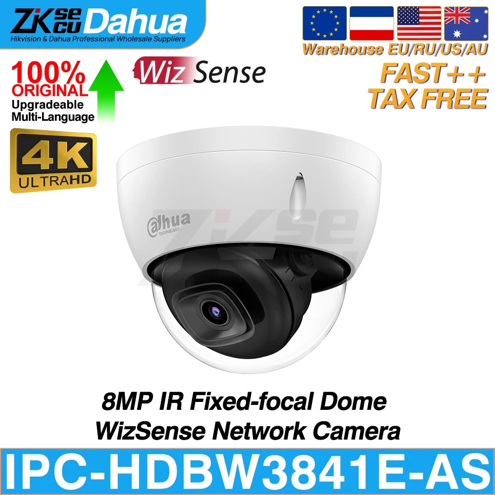 Dahua Original IPC-HDBW3841E-AS 8MP 4K Dome WizSense Network POE IP Camera IR 30M SD Slot Built-in MIC IVS SMD 4.0 AI SSA IK10