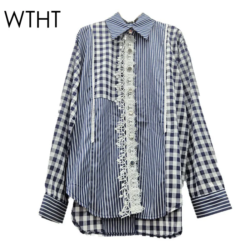 

WTHT Fashion New Women's Striped Spliced Plaid Lace Edge Shirts 2025 Summer Trendy Lapel Long Sleeves Blouse Female 1LS2005