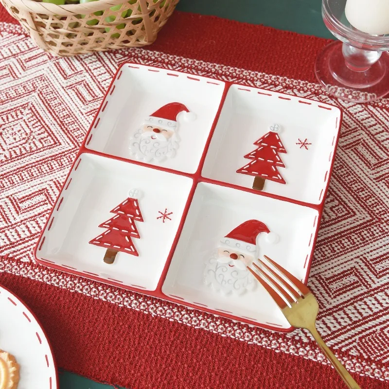 Creative Christmas Ceramic Tray Four Sections Dinner Plate Food Serving Plate Snack Fruit Household Storage Dish Tableware