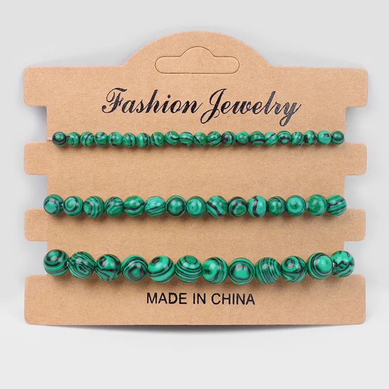 3Pcs/Set Natural Green Malachite Stone Bracelets 4 6 8mm Round Beaded Bracelet for Women Men Elastic Bracelet With Card Bangle