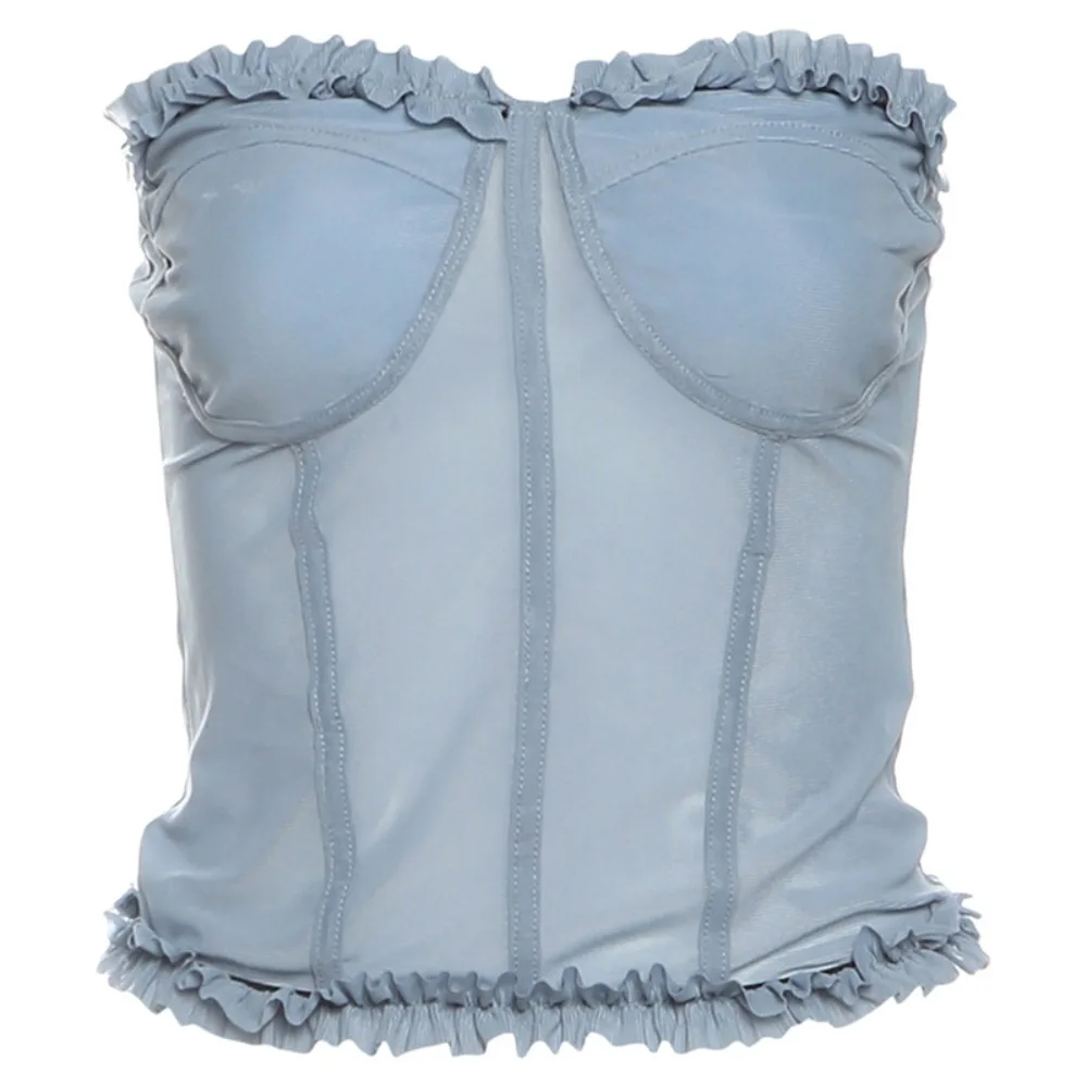 

Spicy Girl Style Sleeveless Lace Camisole Wrap Chest Tank Women Mesh Corset Bottoming Shirt Ruffle Slim Crop Tops Streetwear