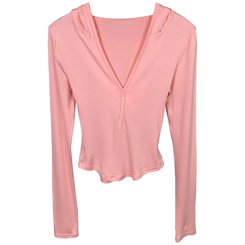 T-shirt lunga Sve slim fit abbottonata design sottile elastico V-Ne trasparente coreano Sle Pendolarismo Top casual in puro colore