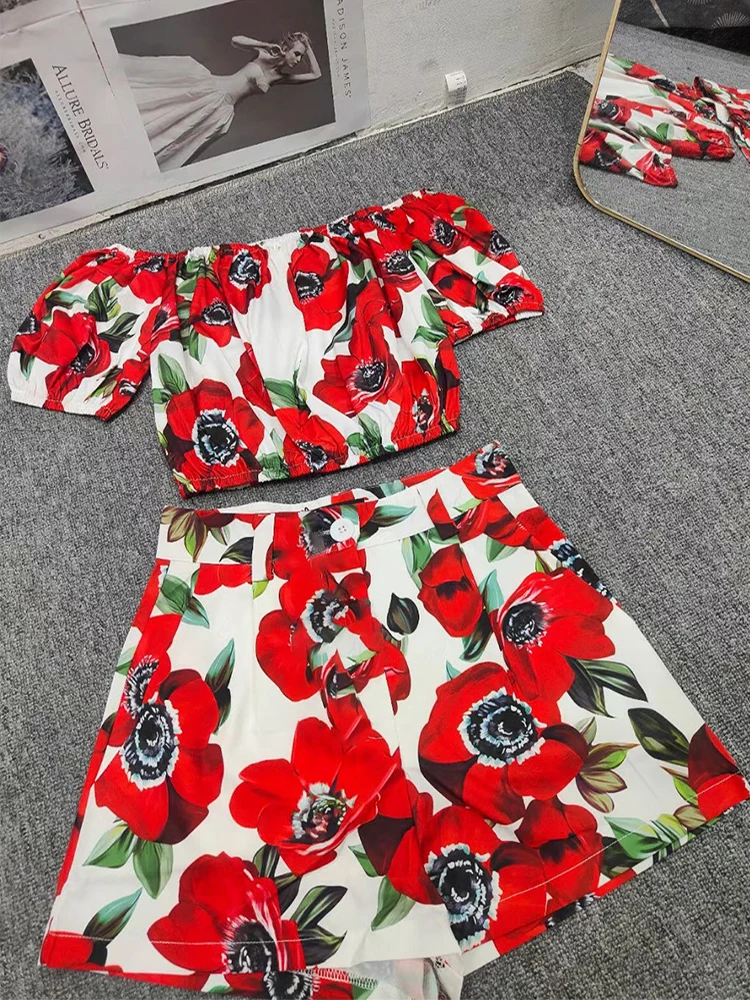 Retro zomer dames nieuwe print mode tweedelig pak sexy woord kraag korte mouw tube top + hoge taille casual shorts.