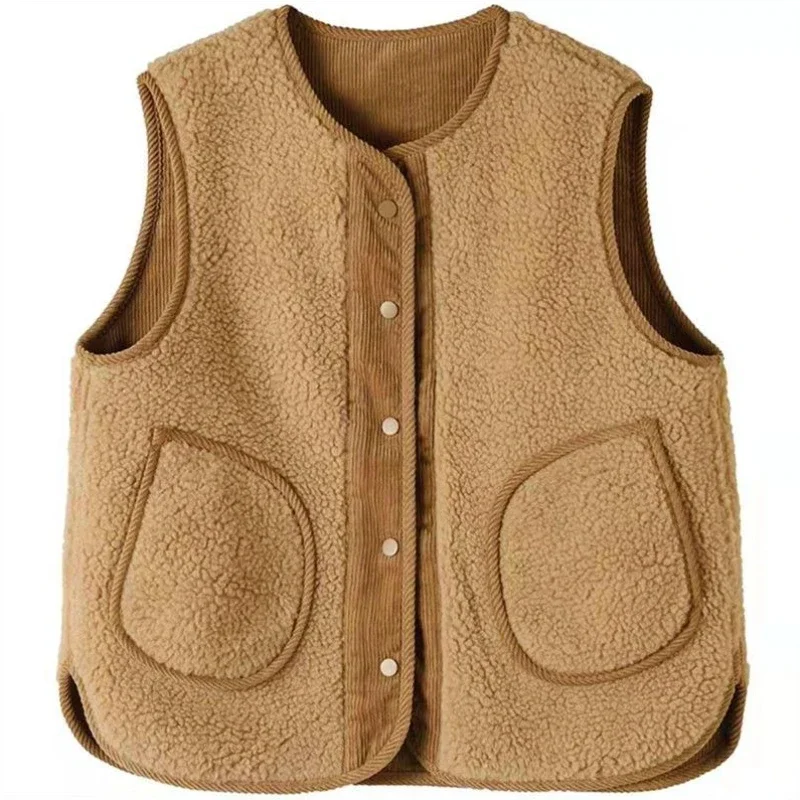 2025 New Women's Corduroy Lambswool Vest Two Way Reversible Blazer Winter Outerwear with Loose Sleeveless Design​