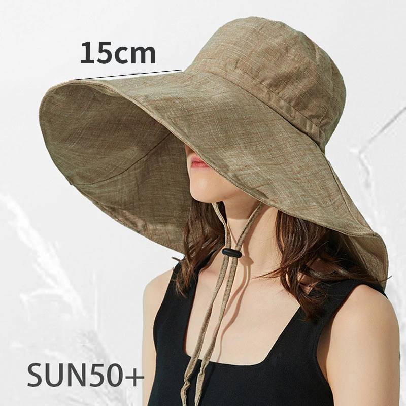 Summer Wide Brim 15cm Linen Sun Hats for Women Uv Protection UPF 50+ Sunshade Foldable Beach Hat Outing Panama