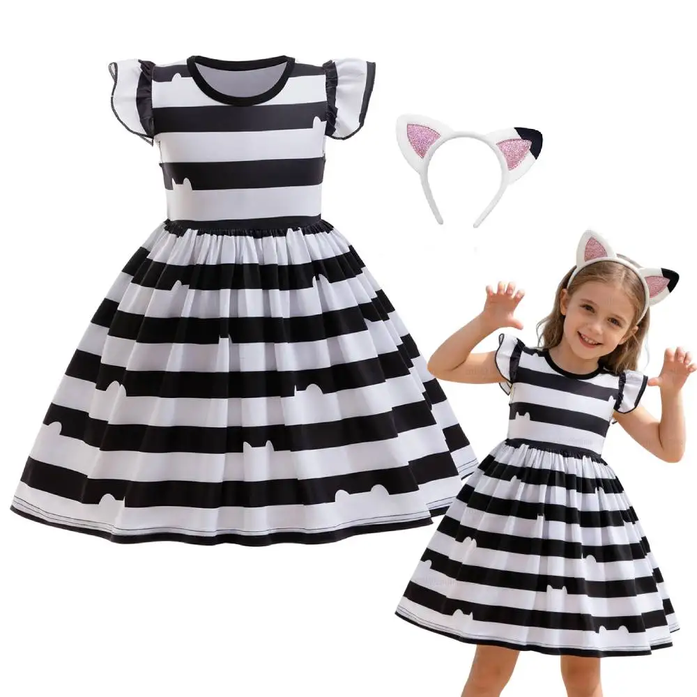 Blumenstreifenkleid für Mädchen, Hochzeits- und Partykleider und Stirnband, Kinder-Prinzessinnenkleid, Mädchenkleidung