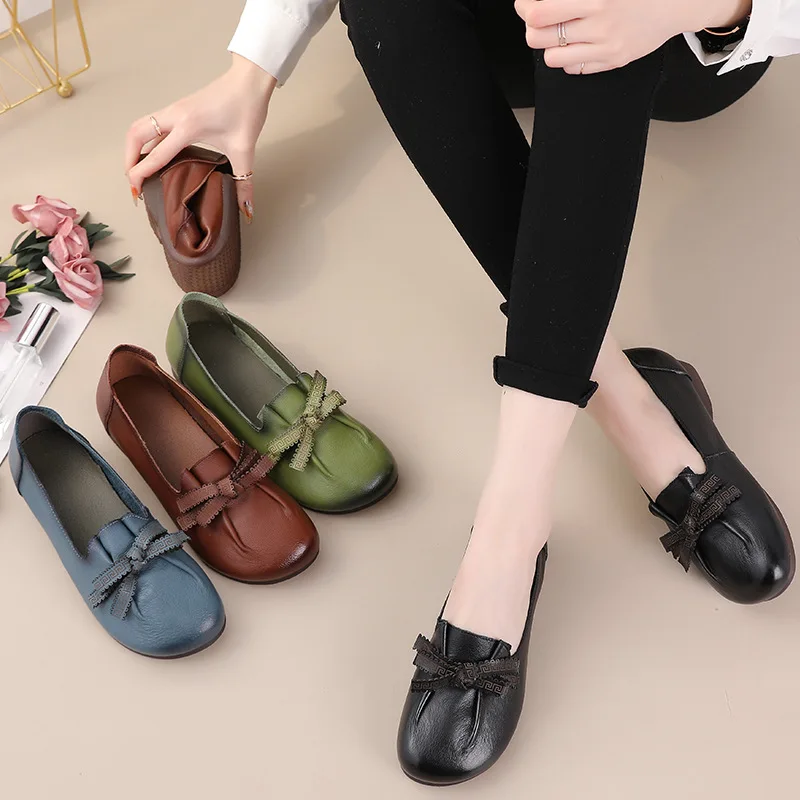 Luxury Green Ballet Flats Comfortable Elegant Women\'s Shoes Genuine Leather Loafers Ladies Bowknot Woman Soft Blue Moccasins