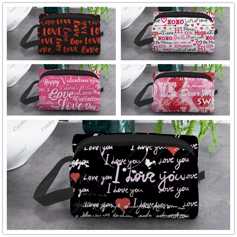 Love And Valentine Cosmetic Bag Women\'s Fashion Large Capacity Skin Care Box Printed Storage Toiletries Cosmetic Bag