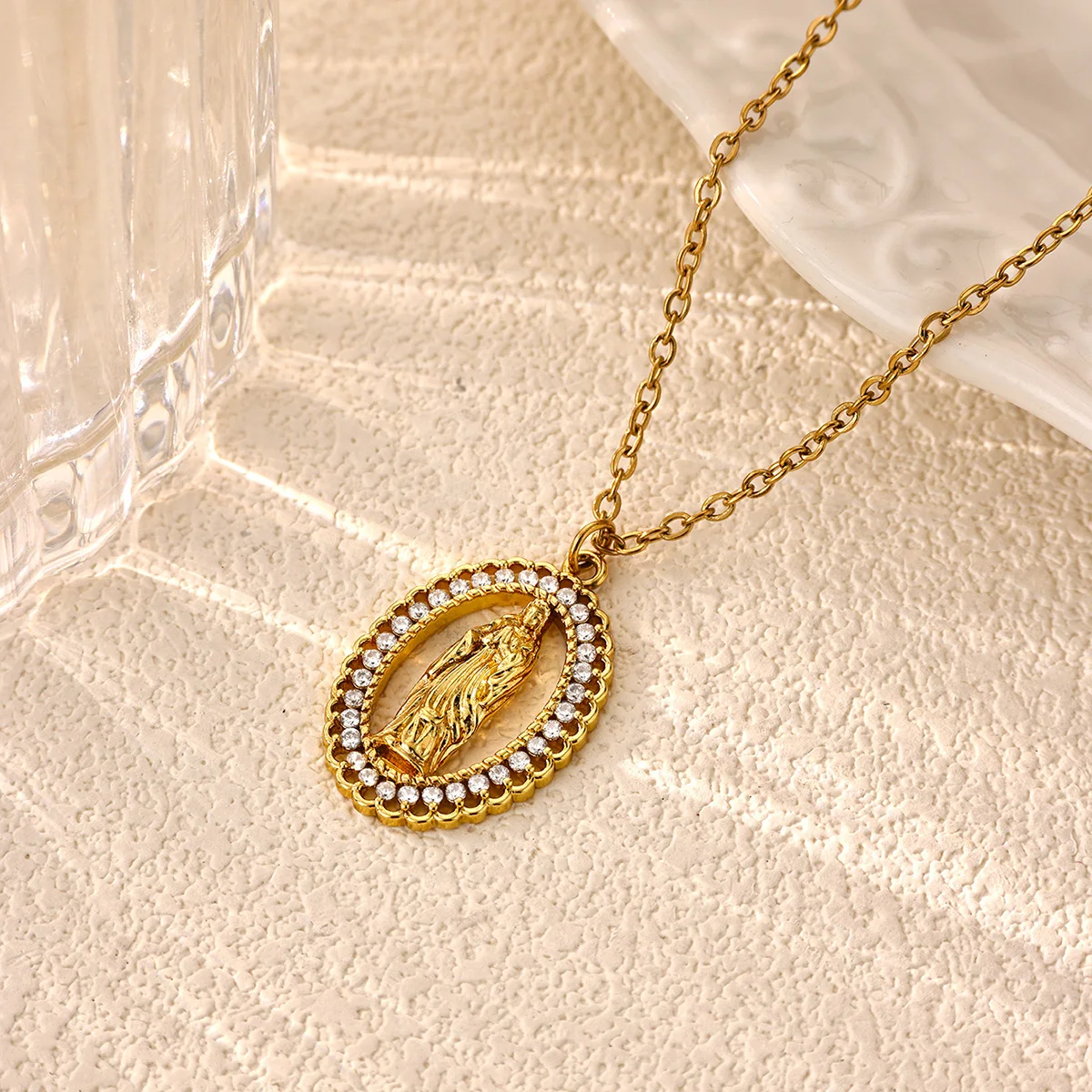 Elegant Virgin Mary Zirconia Women's Necklace 304 Stainless Steel Pendant Jewelry Necklace Gift
