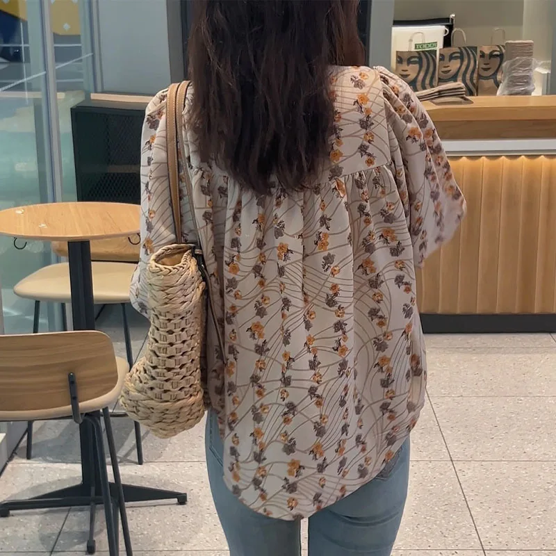 Commute Vintage Round Neck Print Shirt Spring Autumn Women\'s Clothing Temperament All-match Button Long Sleeve Blouse For Female